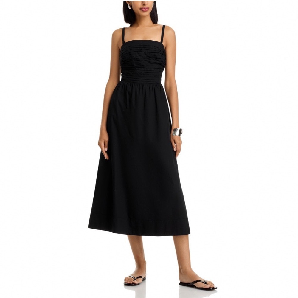 PAIGE Braylee Midi Dress Black Ruched Bodice Cotton Square Neck Size 2
